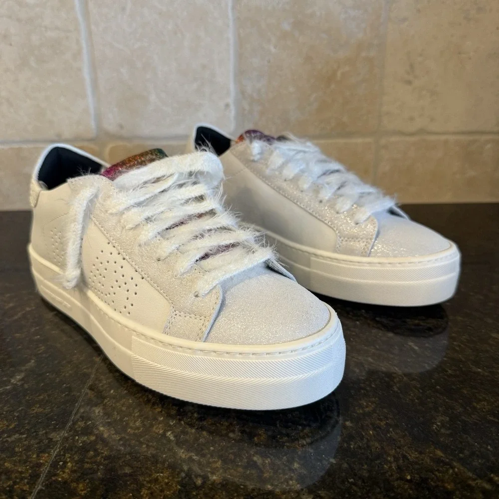 P448 THEA RAINBOW LOW‎ TOP PLATFORM SNEAKERS SIZE EU 38 US 7.5-8 IN WHITE